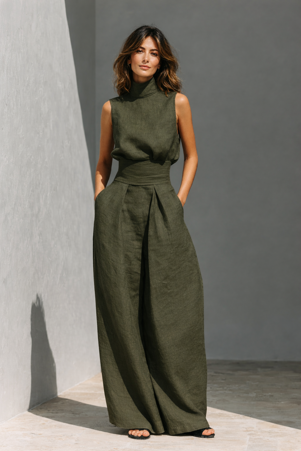 María | Conjunto de camiseta sin mangas y pantalones anchos de algodón y lino, de estilo minimalista, para mujer