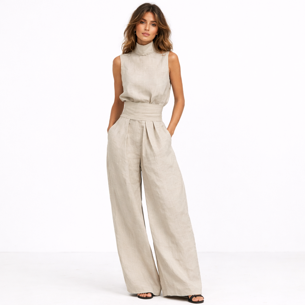 María | Conjunto de camiseta sin mangas y pantalones anchos de algodón y lino, de estilo minimalista, para mujer