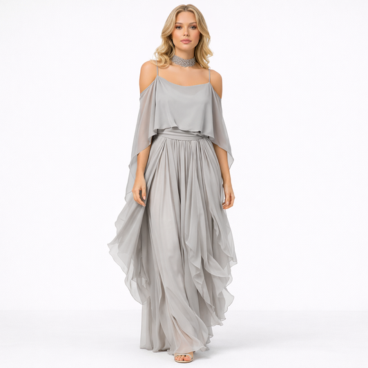Isabela | Conjunto fluido gris con top de tirantes y pantalón ligero