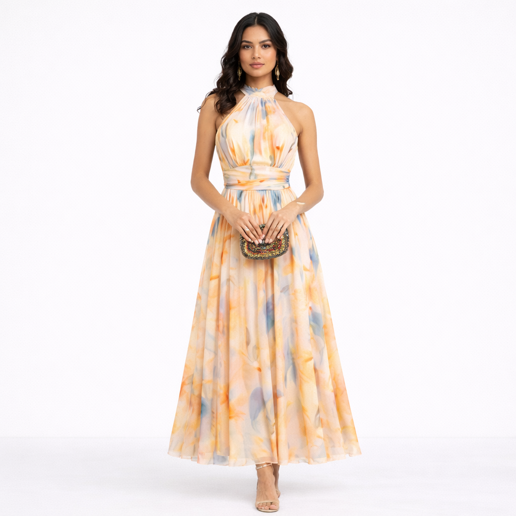 CAMILLE - Vestido sin tirantes con estampado acuarela