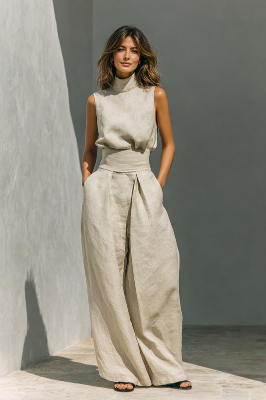 María | Conjunto de camiseta sin mangas y pantalones anchos de algodón y lino, de estilo minimalista, para mujer
