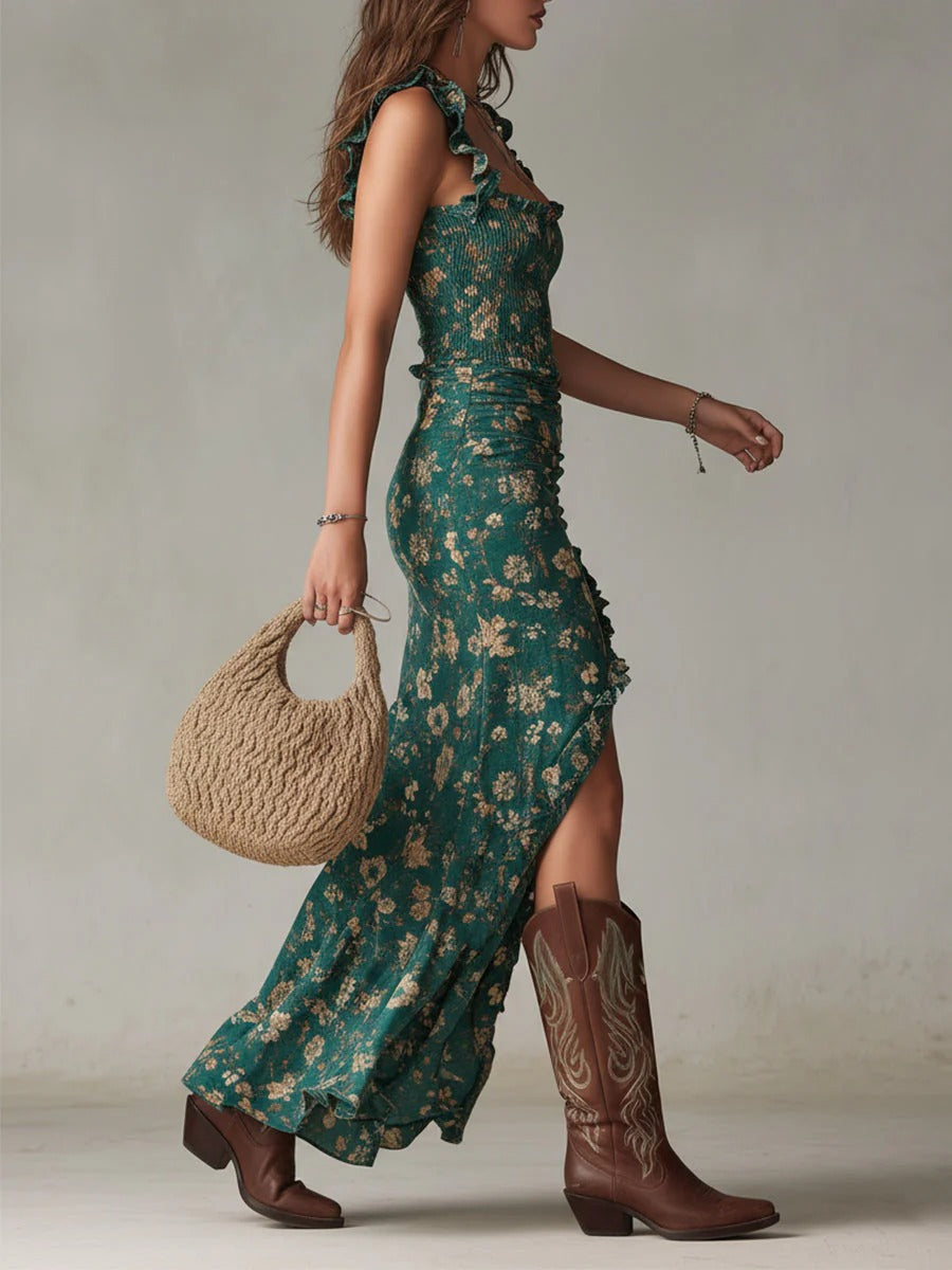LUCIA | Vestido maxi boho retro con mangas fluidas y abertura lateral