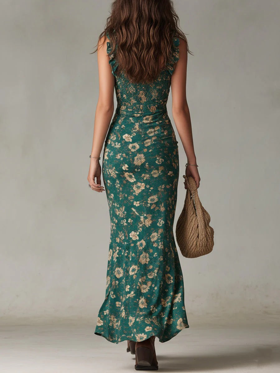 LUCIA | Vestido maxi boho retro con mangas fluidas y abertura lateral